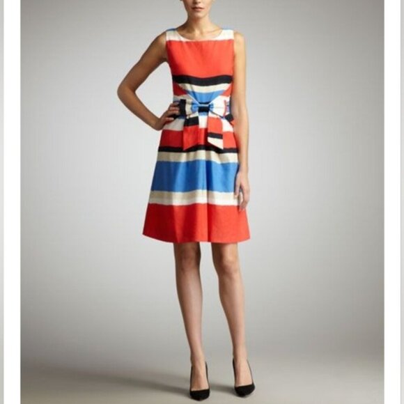 KATE SPADE Jillian Linen Blend Striped Bow-Waist Midi Dress Women's Size 6 - Picture 1 of 16